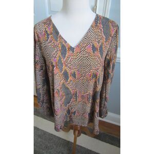 Adrienne Lined Snakeskin Print V- Neck Long Sleeve Blouse, Size Medium